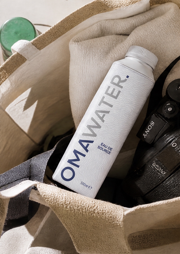 Brique Tetra Pak OMA Water dans un sac de voyage