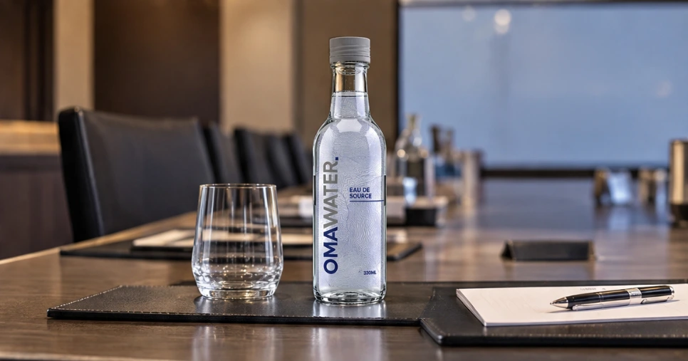 Bouteille en verre OMA Water et verre sur une table