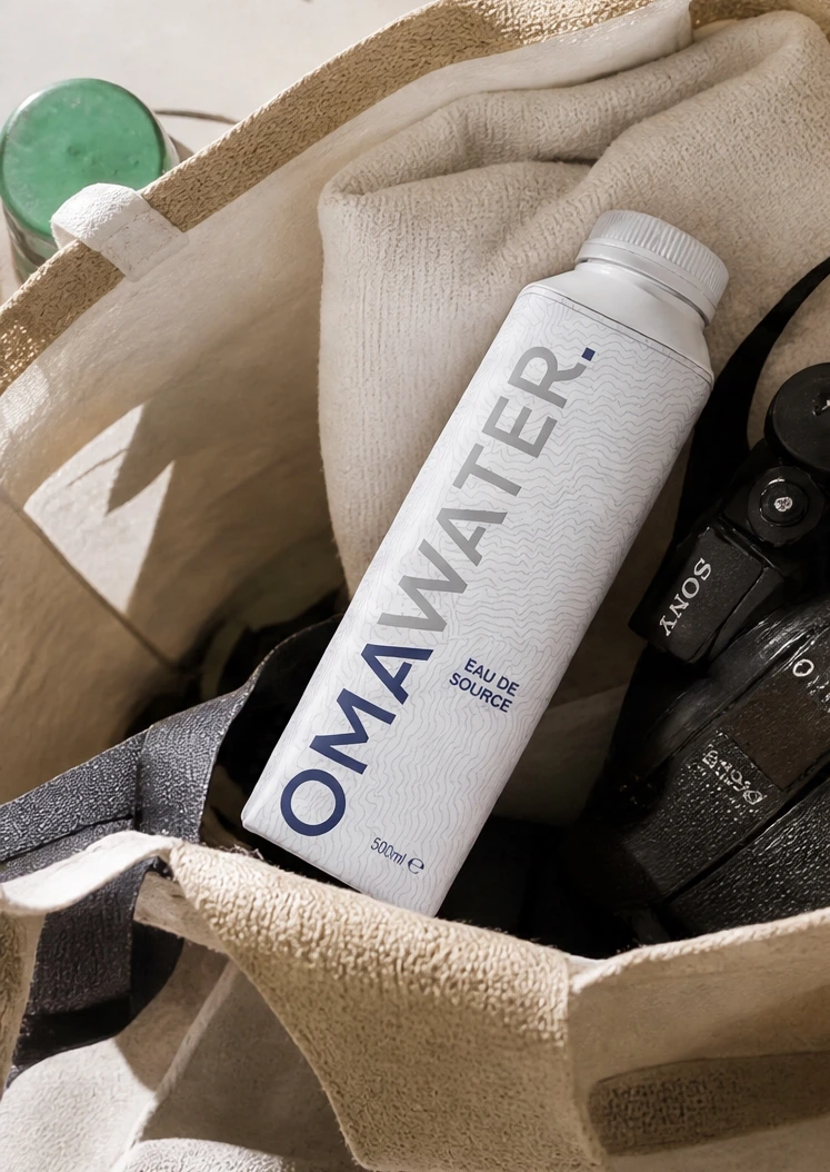 Brique Tetra Pak OMA Water dans un sac de voyage