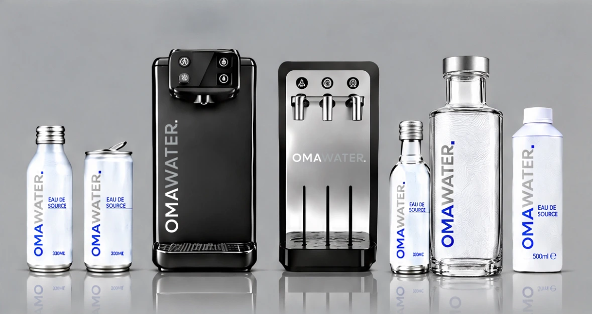 Gamme OMA Water : canettes, fontaines, bouteilles en verre et Tetra Pak