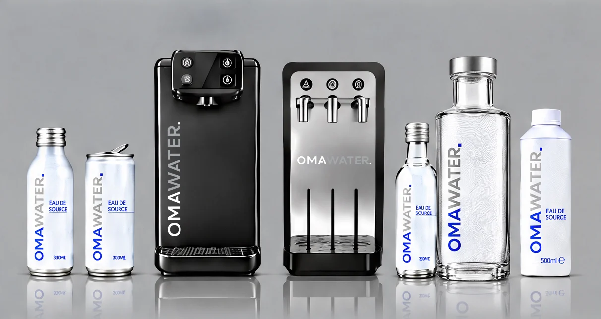 Gamme OMA Water : canettes, fontaines, bouteilles en verre et Tetra Pak