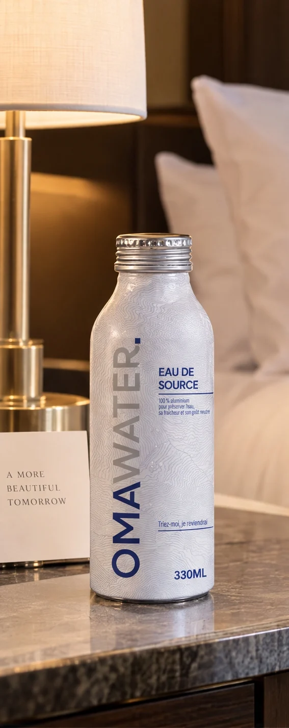 Bottle Can OMA Water en chambre d’hôtel