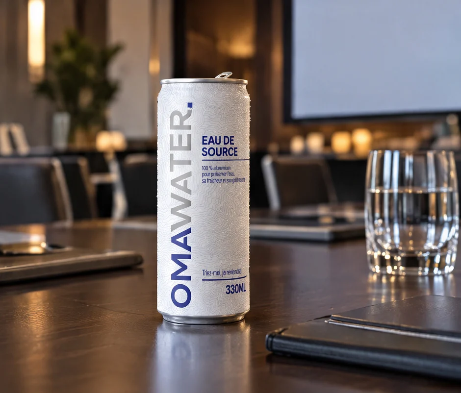 Canette OMA Water en salle de réunion